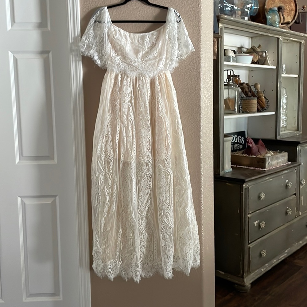 Balticborn white lace off the shoulder long dress